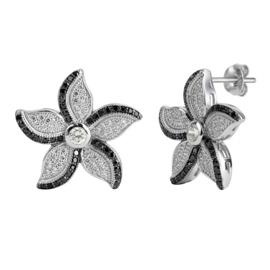 Blattform Micro Pave Einstellung 925 Silber Ohrringe mit schwarzem Spinell