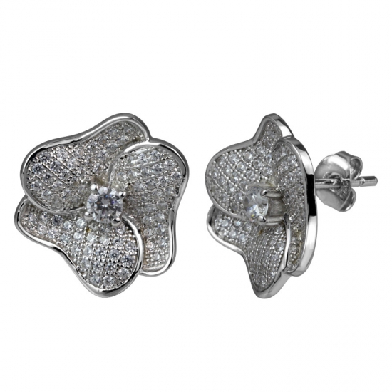 Drei Blütenblatt Blume Ohrringe Wachs Einstellung weißen Zirkonia 925 Silber Ohrringe